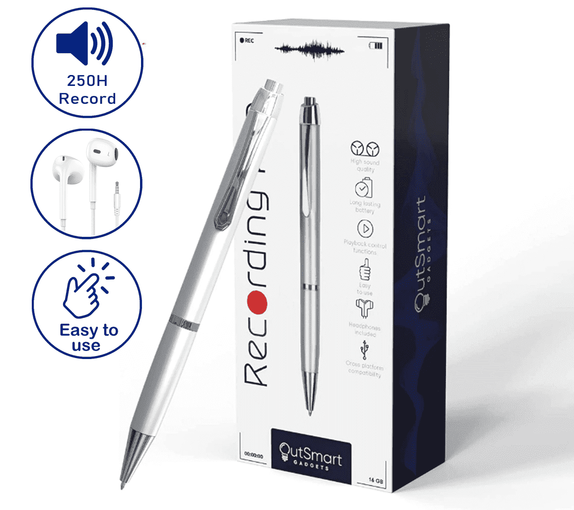 Outsmart Gadgets Digital Pen Voice Recorder - Audio Recordings - 1 Click Operation - Portable USB Playback - 16GB Storage - 250 Audio Hours - Audio Recorder for Lectures and Meetings and MP3 Player