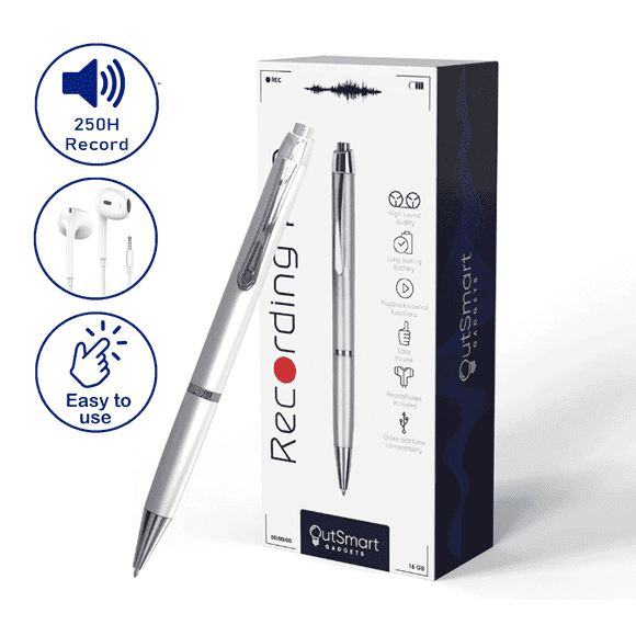 Outsmart Gadgets Digital Pen Voice Recorder - Audio Recordings - 1 Click Operation - Portable USB Playback - 16GB Storage - 250 Audio Hours - Audio Recorder for Lectures and Meetings and MP3 Player