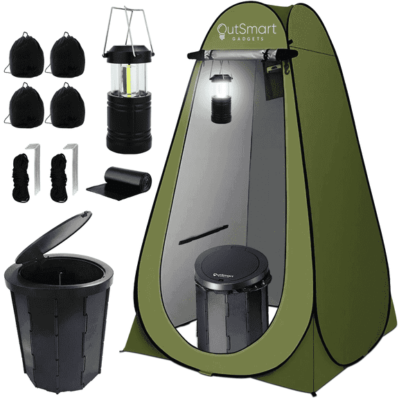 Outsmart Gadgets Outdoor Portable Toilet Set for Adults with Camping Night Lantern, Folding XL Toilet, Pop Up Privacy Tent and Carry Bags, Multipurpose Potty, Washable and Foldable for RV Travel