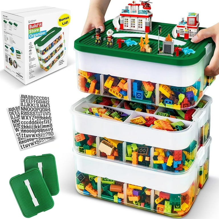 Plastic Stackable Toy Storage Organizer Bin for Lego Building Bricks Dolls and Crafts Organization 3 Layers with Adjustable Compartments ABC Stickers and 2 Lids Included Walmart