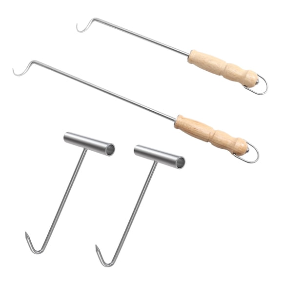 Outspark Stainless Steel T Meat Hooks and Food Flipper Turner Hooks,for Kitchen Butcher Shop,BBQ Cooking Utensil Tool Accessories,13''+17'' Pig Tail Meat Flippers with Wooden Handle Y101