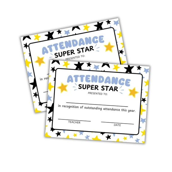 Outstanding Attendance for The Year Certificate 30pk 8.5x11 Perfect Award End of The School Best Punctuality Elementary School VBS Sunday Stars Black Gold