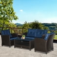thumbnail image 1 of Outsunnny 4 Piece Patio Furniture Set, Outdoor Wicker Loveseat Sofa & Chairs, with 2-Tier Coffee Table & Tufted Cushions, Navy Blue, 1 of 9