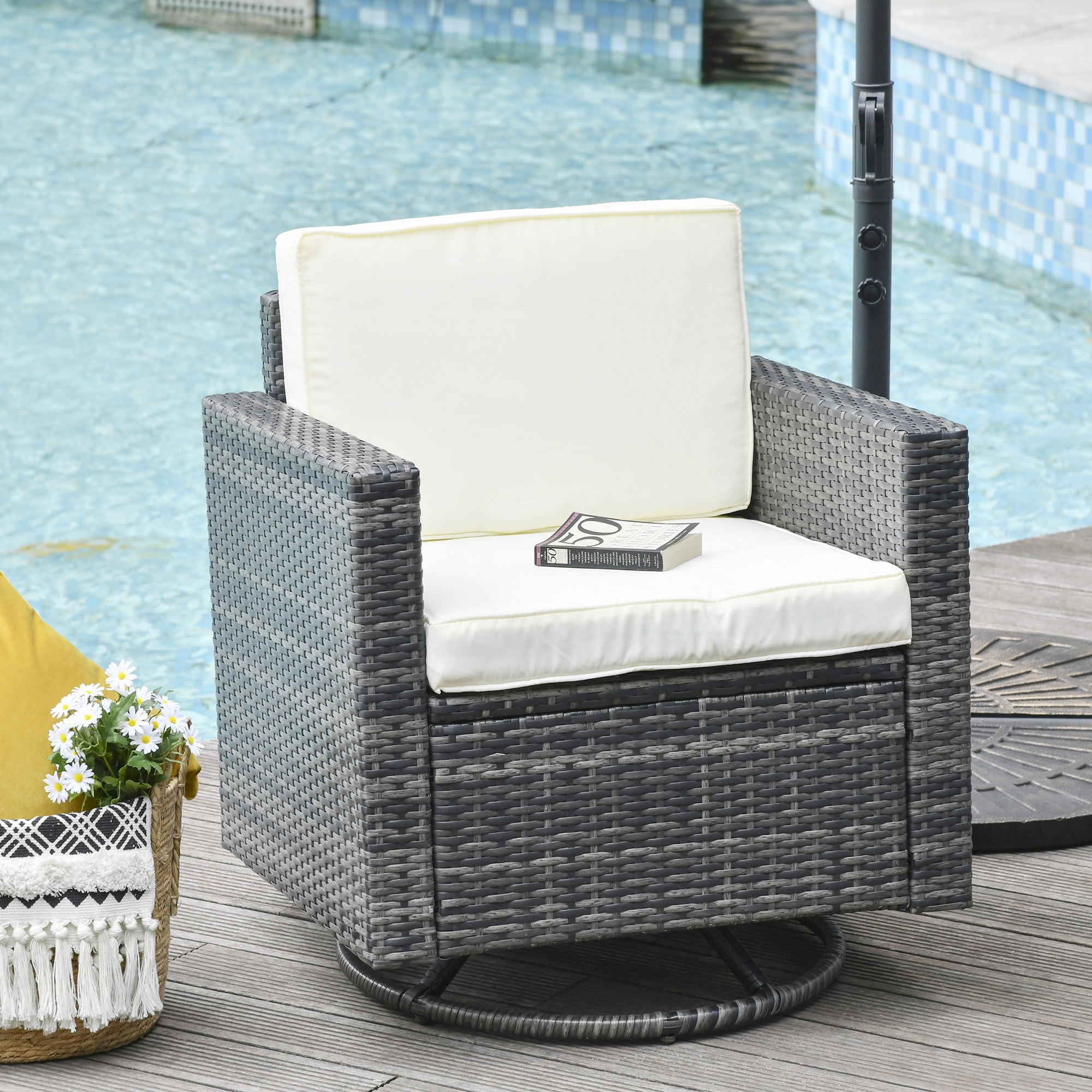 Beige Wicker and Steel Outdoor Dining Chair with Cushions