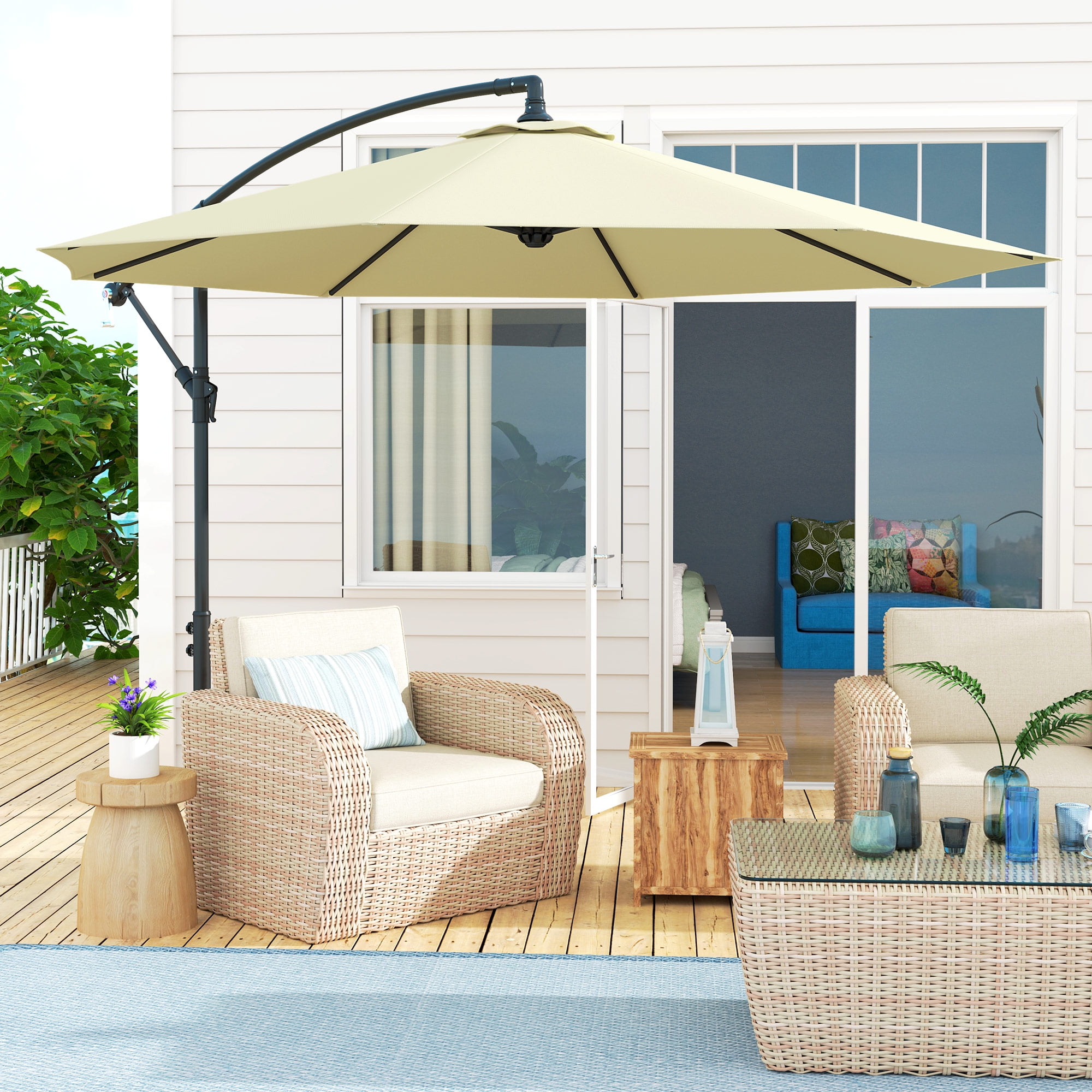 Outsunny 10' Cantilever Hanging Tilt Offset Patio Umbrella with UV & Water Fighting Material and Cross Base (Weight Not Included), Beige