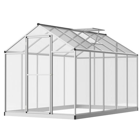 Outsunny 10' L x 6' W Walk-In Polycarbonate Greenhouse with Roof Vent for Ventilation & Rain Gutter, Hobby Greenhouse for Winter