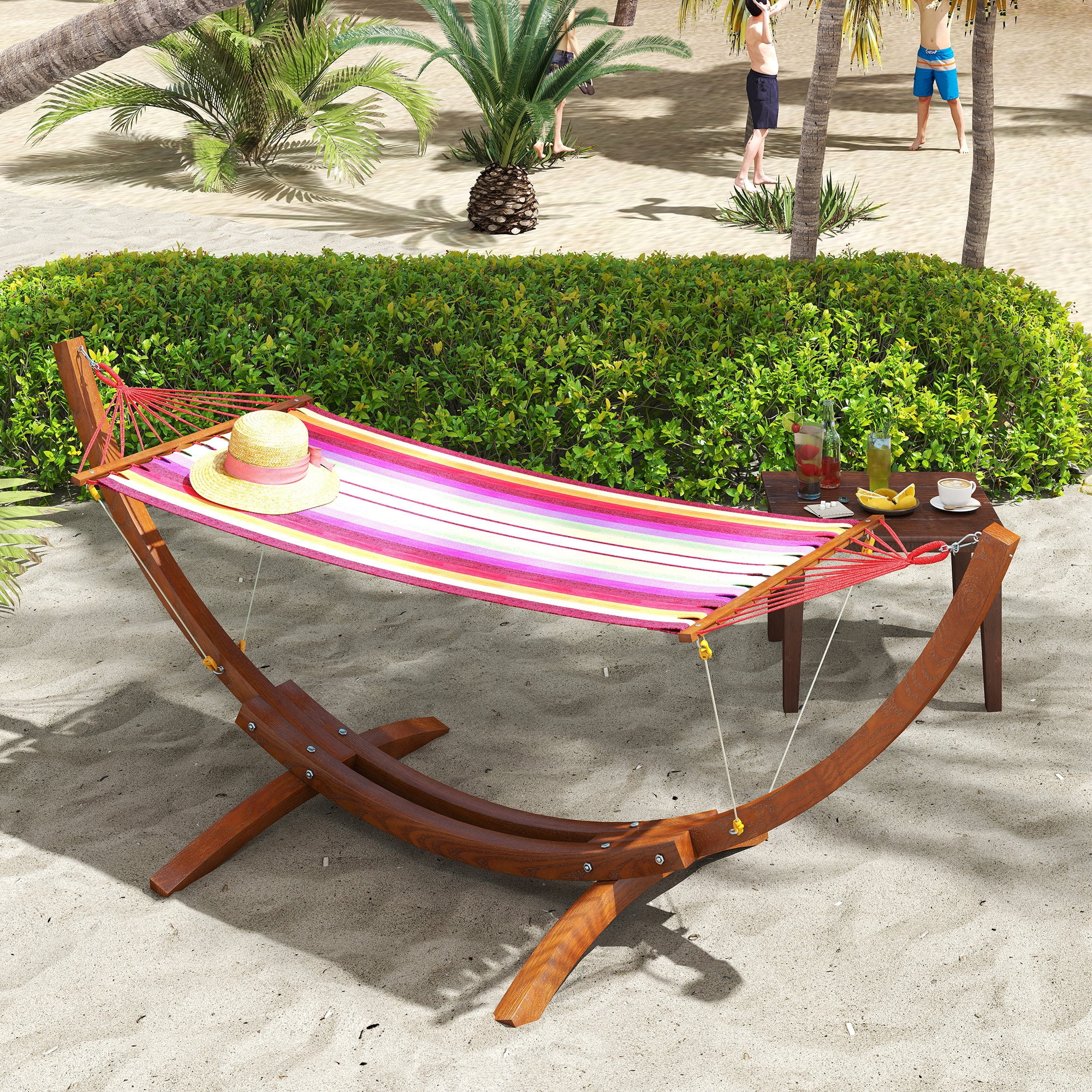 Large Outdoor Patio Wood Arc Hammock Swing with Stripe Colorful