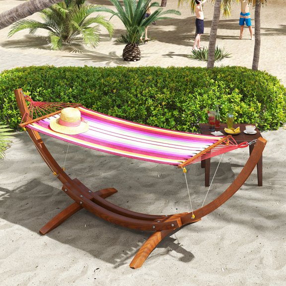 Outsunny 10' Wood Outdoor Hammock with Stand Rainbow Bed, Heavy Duty Roman Arc Hammock for Single Person for Patio Backyard Balcony, Multi Color