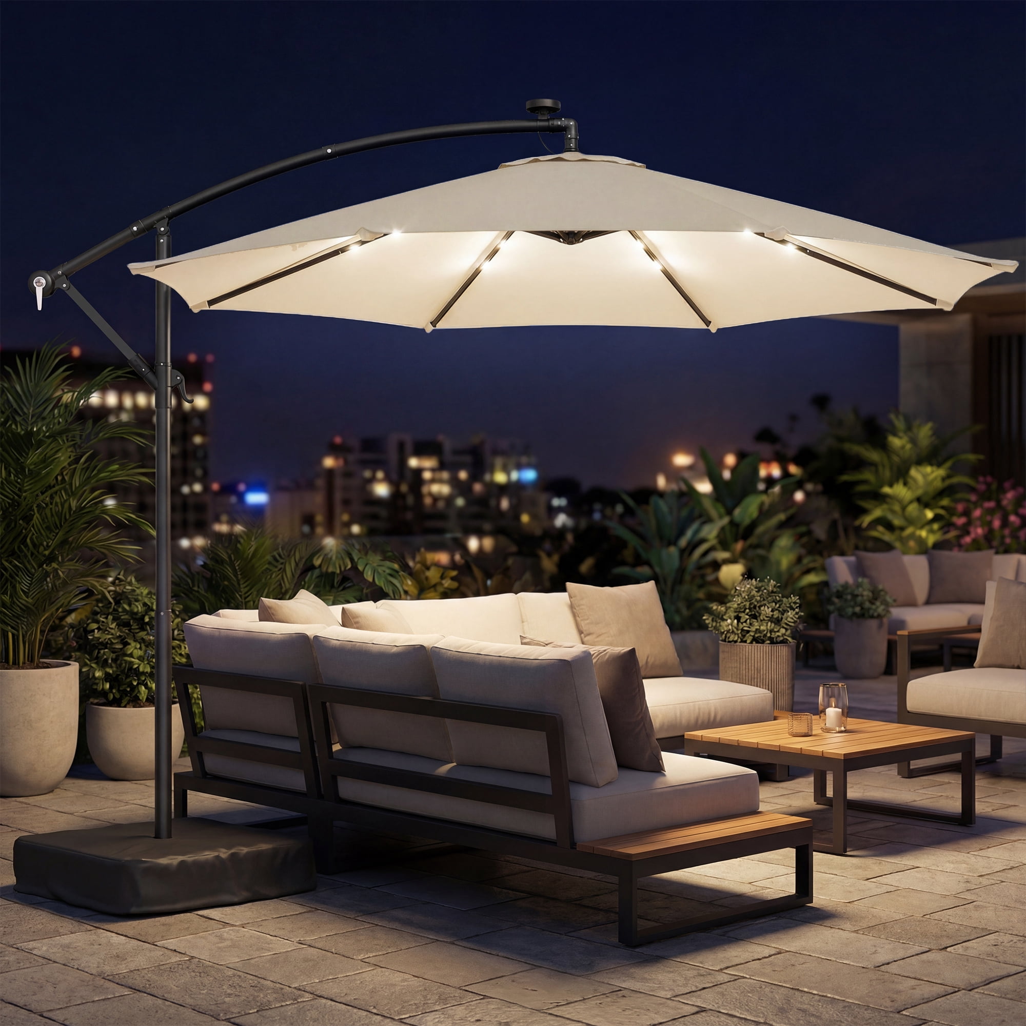 Outsunny 10 ft Cantilever Patio Umbrella with Solar LED Light, Sandbag Weight, Offset Hanging Outdoor Umbrella with Protective Cover, Cream White