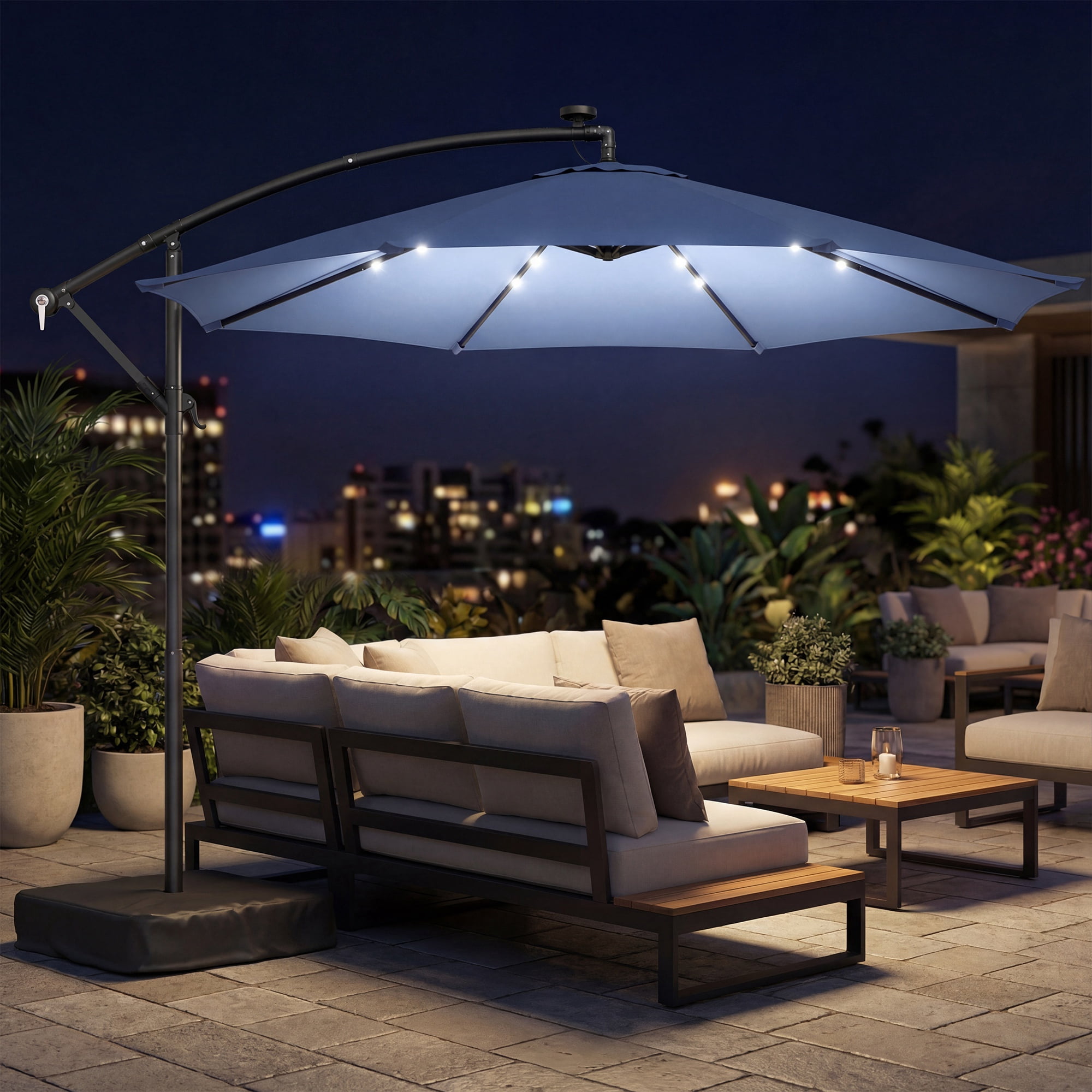 Outsunny 10 ft Cantilever Patio Umbrella with Solar LED Light, Sandbag Weight, Offset Hanging Outdoor Umbrella with Protective Cover, Dark Blue
