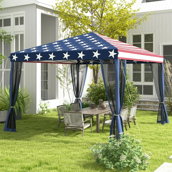 Outsunny 10" x 10" American Flag Pop Up Outdoor Canopy, 4 Removable Sidewalls