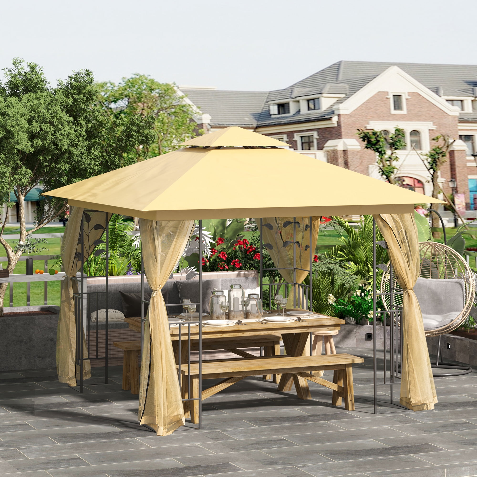 Beige 10' x 10' Steel Frame Outdoor Gazebo with Mesh Netting
