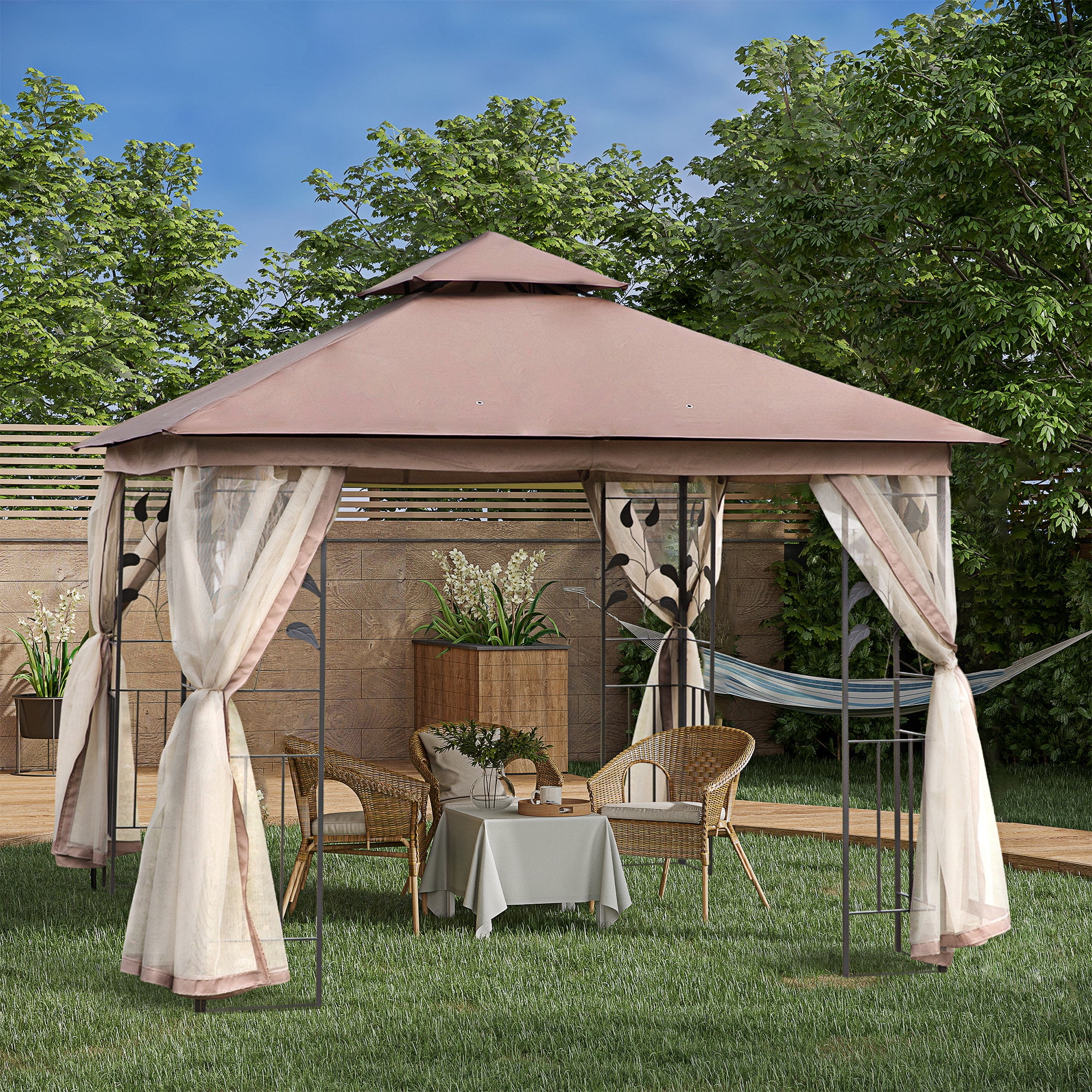 Outsunny 10' x 10' Brown Steel Frame Gazebo with Netting and Curtains