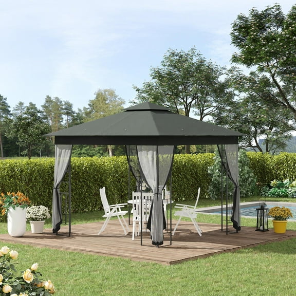 Outsunny 10' x 10' Metal Patio Gazebo, Double Canopy, Tree Motifs, Gray