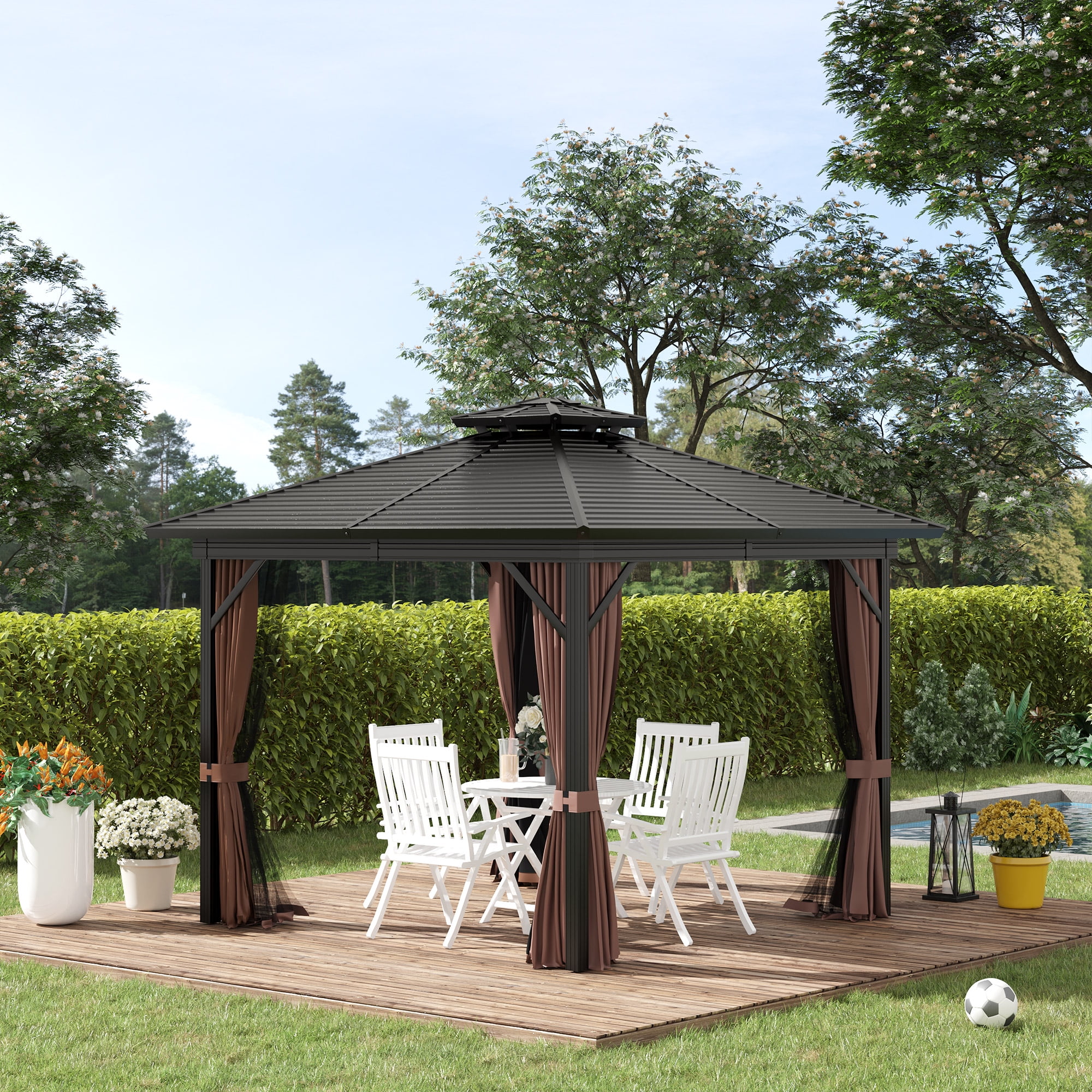 10' x 10' Dark Brown Metal Hardtop Gazebo with Mesh Sidewalls