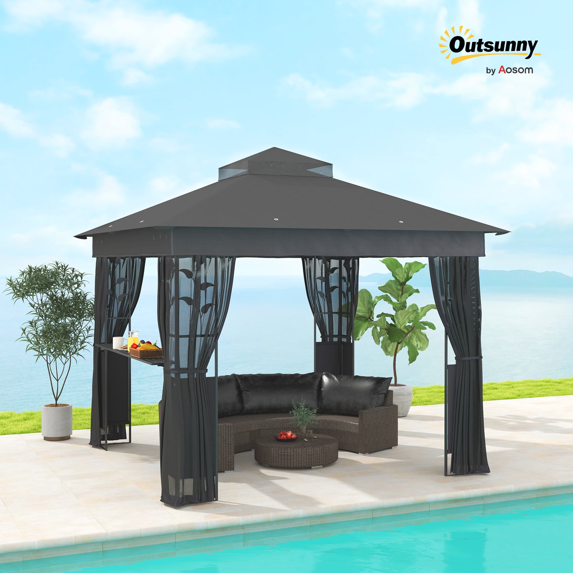 Outsunny 10' x 10' Outdoor Gazebo with Shelves and Netting, Double Roof Patio Gazebo Canopy Shelter, UV30+ Protected