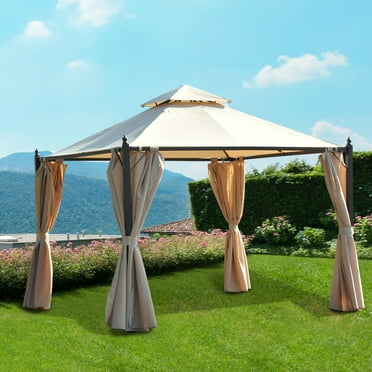 Outsunny 10' x 10' Outdoor Patio Gazebo Canopy with Polyester Privacy Curtains, Two-Tier Roof, Beige