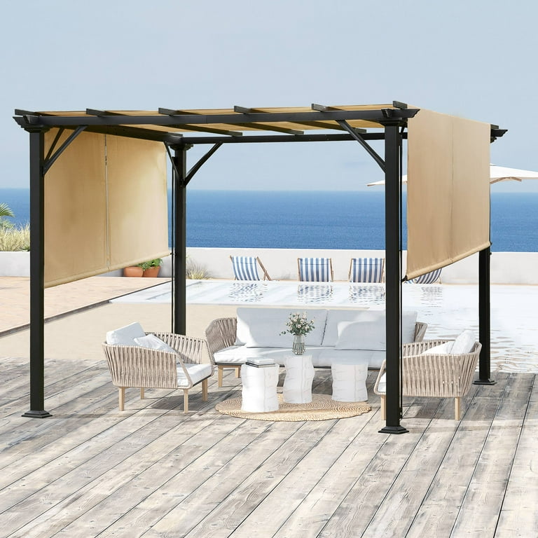 Outsunny 10 x 10 Outdoor Retractable Pergola Canopy with Sun Shade Unique Design Canopy Patio Metal Shelter for Garden Porch Beach Beige