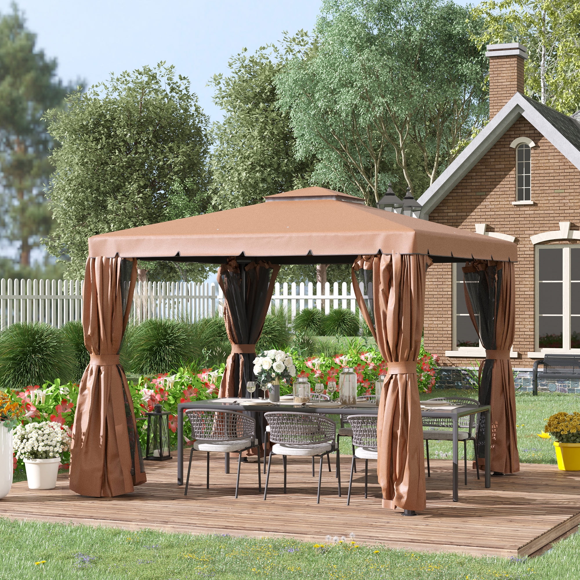 Outsunny 10' x 10' Patio Gazebo, Aluminum Frame Double Roof Outdoor Gazebo Canopy Shelter with Netting & Curtains, for Garden, Lawn, Backyard and Deck, Brown
