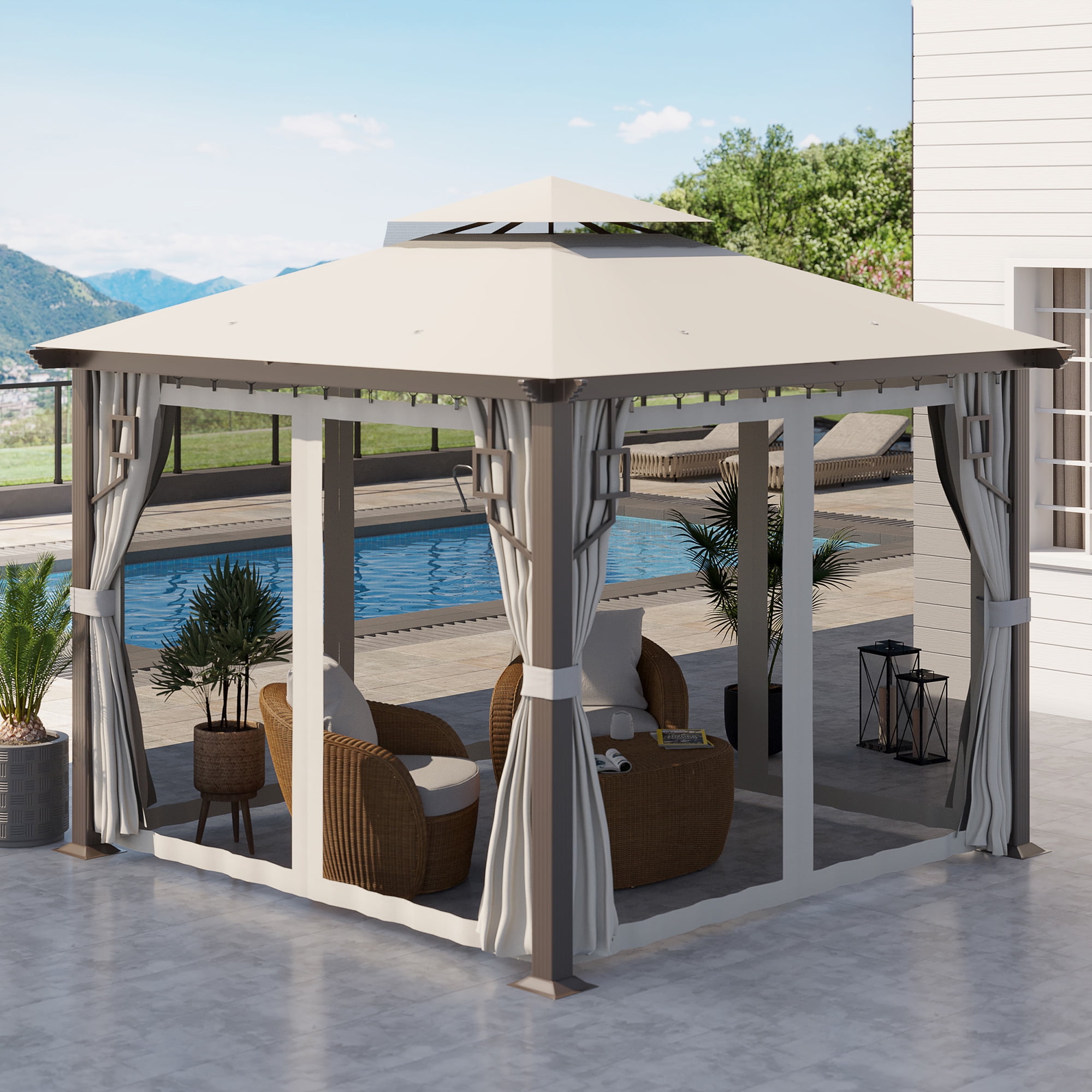 Cream White 10' x 10' Aluminum Frame Patio Gazebo with Netting and Curtains