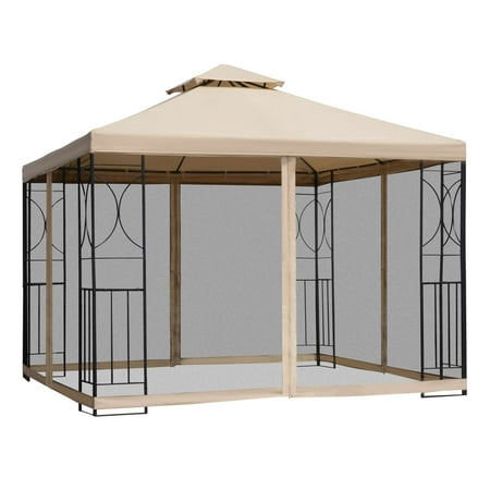 Outsunny 10' x 10' Patio Gazebo with Corner Shelves, Outdoor Gazebo Canopy Shelter with Netting, and Vented Roof, for Garden, Lawn, Backyard and Deck