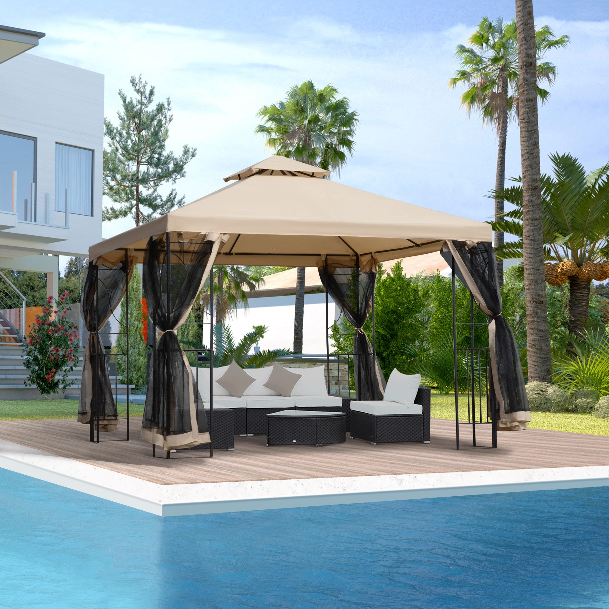 Outsunny 10 x 10 Patio Gazebo with Corner Shelves Outdoor Gazebo Canopy Shelter with Netting and Vented Roof for Garden Lawn Backyard and Deck