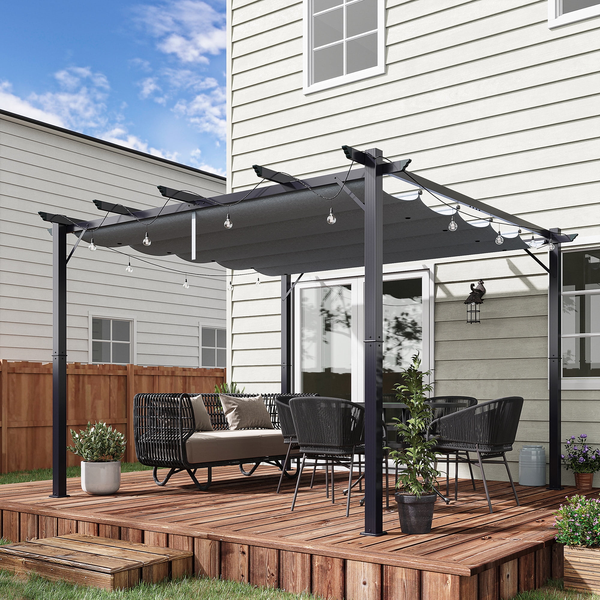 Dark Gray Aluminum Pergola with Retractable Canopy, 10' x 10'