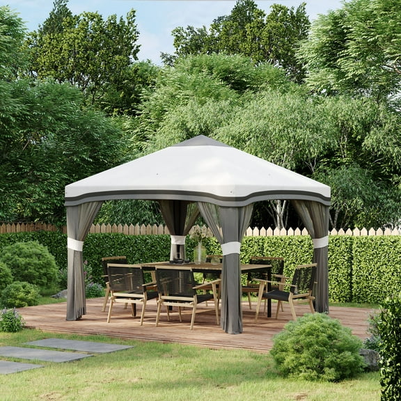 Outsunny 10' x 10' Pop Up Canopy with Nettings, Foldable Party Tent with Wheeled Carry Bag and 4 Sand Bags, Gray