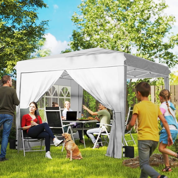 Outsunny 10 x 10 ft Pop Up Canopy Tent with Sidewalls, UPF50+ Outdoor Portable Instant Canopy Shelter with Carry Bag, Sandbags, White