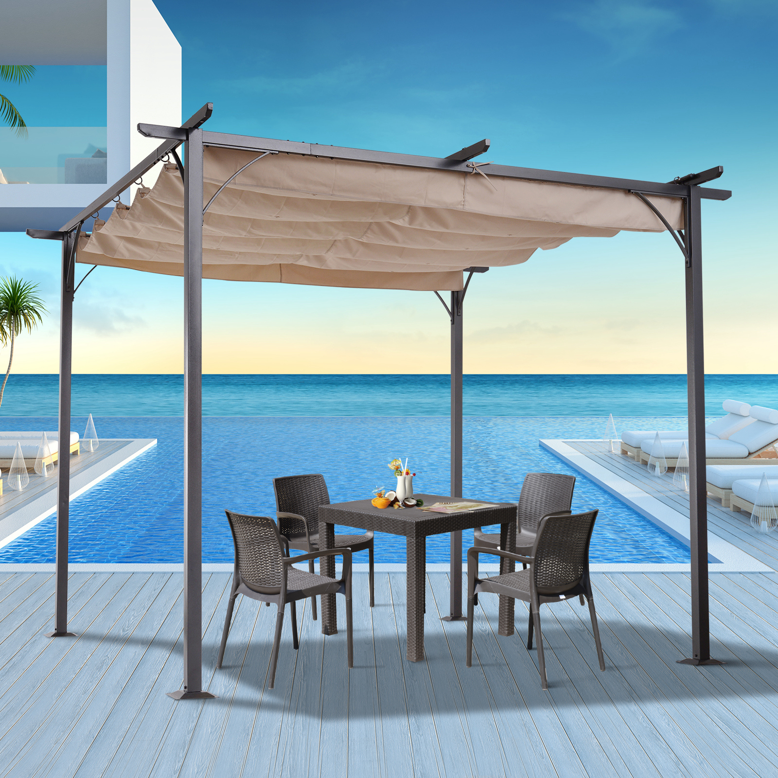Outsunny 10' x 10' x 7.5' Beige and Black Polyester and Steel Pergola - image 1 of 10