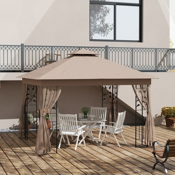 Outsunny 10' x 11.5' Metal Patio Gazebo, Double Canopy, Tree Motifs, Brown