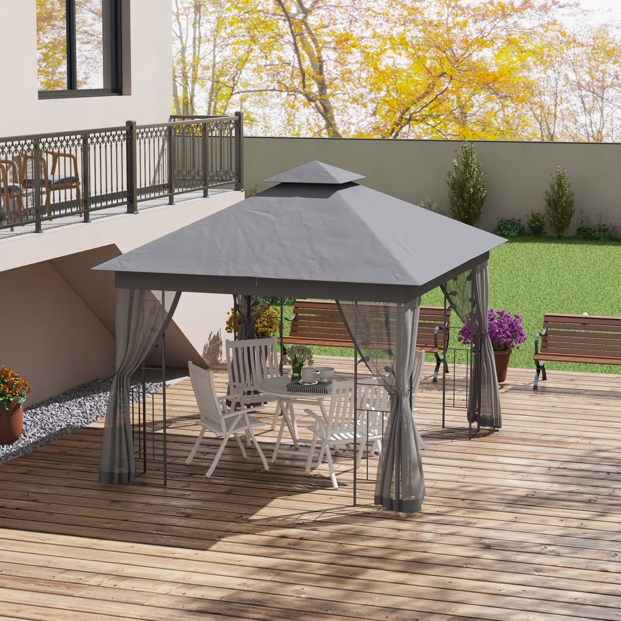 Outsunny 10' x 11.5' Outdoor Patio Gazebo Canopy with 2-Tier Polyester Roof, Netting, Curtain Sidewalls, and Steel Frame, Gray
