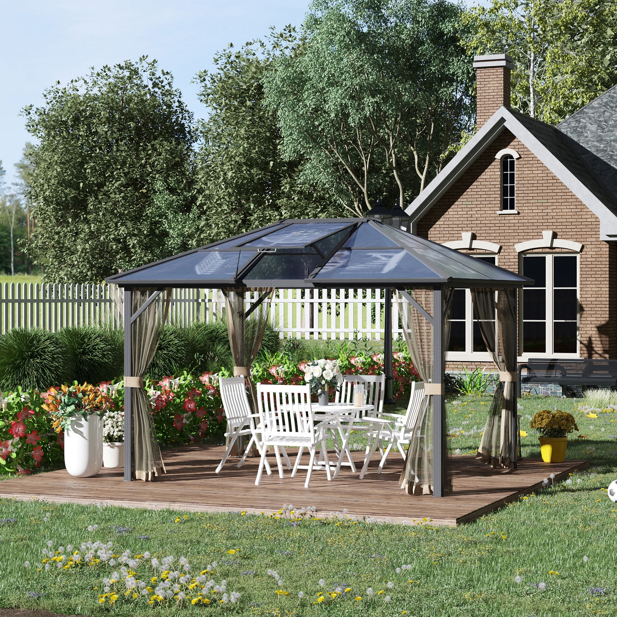 Outsunny 10’ x 12’ Hardtop Gazebo, Aluminum Frame with Netting