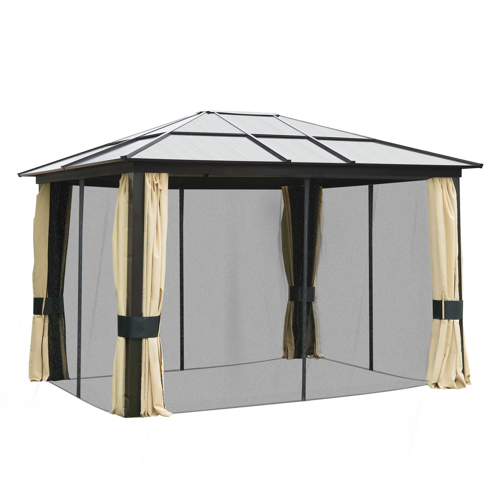 Outsunny 10' x 12' Hardtop Gazebo Canopy with Polycarbonate Roof, Aluminum Frame, Permanent Pavilion Outdoor Gazebo with Netting, for Patio, Garden, Backyard, Deck, Lawn, Black, Beige