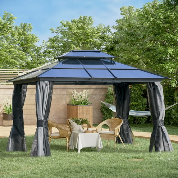 Outsunny 10' x 12' Hardtop Gazebo Canopy with Polycarbonate Roof, Aluminum Frame, Permanent Pavilion Outdoor Gazebo with Netting, for Patio, Garden, Backyard, Deck, Lawn, Light Gray