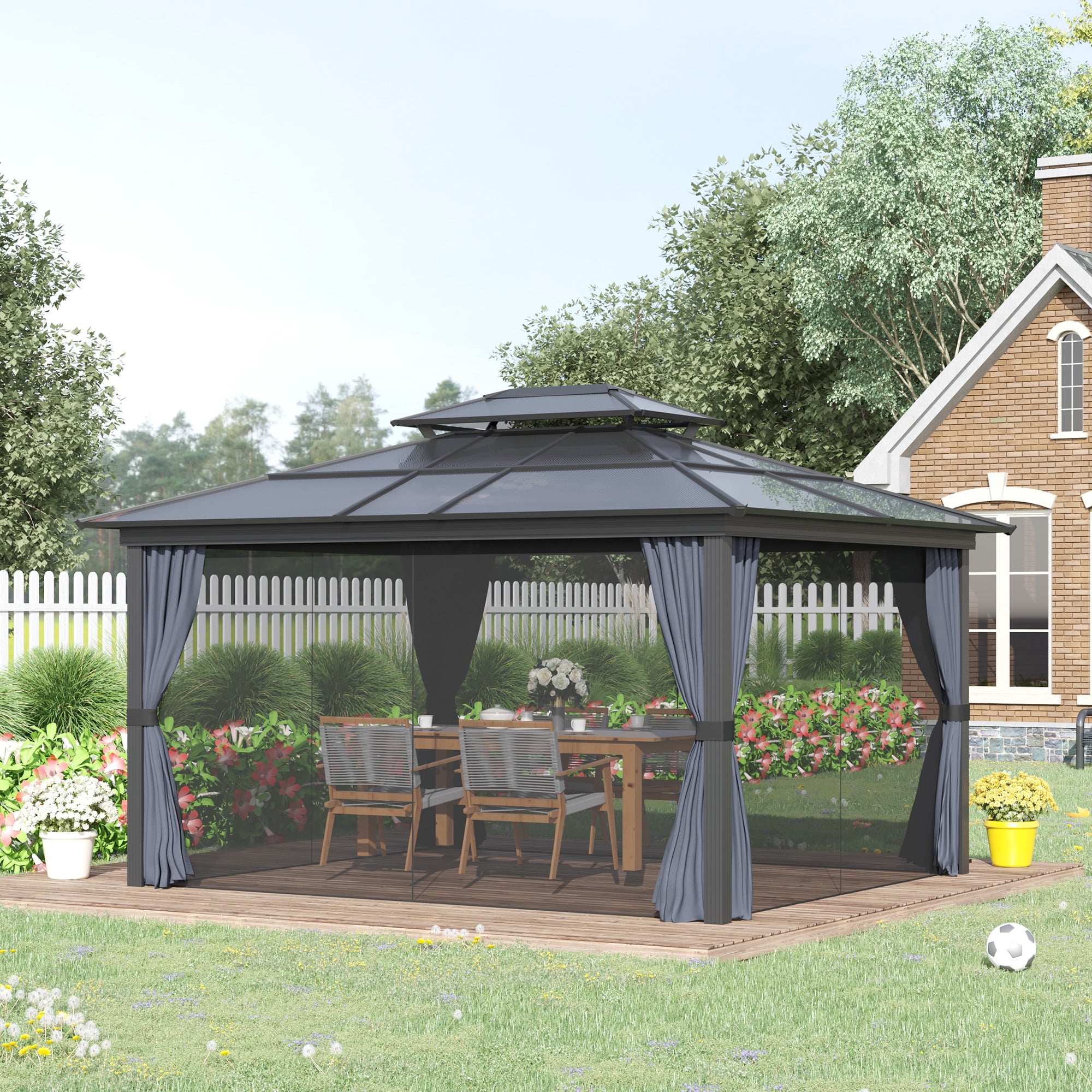 Black Aluminum Frame Hardtop Gazebo with Polycarbonate Canopy and Curtains