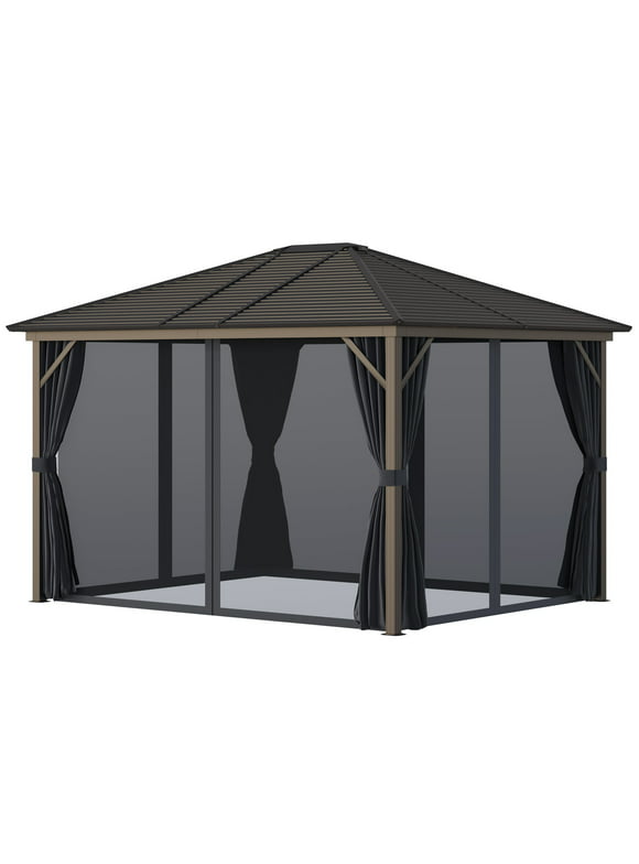 Outsunny 10' x 12' Hardtop Gazebo with Curtains and Netting, Permanent Pavilion Metal Single Roof Gazebo Canopy with Aluminum Frame and Hooks, for Garden, Patio, Backyard, Dark Gray