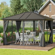 Outsunny 10' x 12' Hardtop Gazebo with Curtains and Netting, Permanent Pavilion Metal Single Roof Gazebo Canopy with Aluminum Frame and Hooks, for Garden, Patio, Backyard, Dark Gray