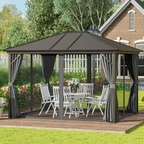 Outsunny 10' x 12' Hardtop Gazebo with Curtains and Netting, Permanent Pavilion Metal Single Roof Gazebo Canopy with Aluminum Frame and Hooks, for Garden, Patio, Backyard, Dark Gray