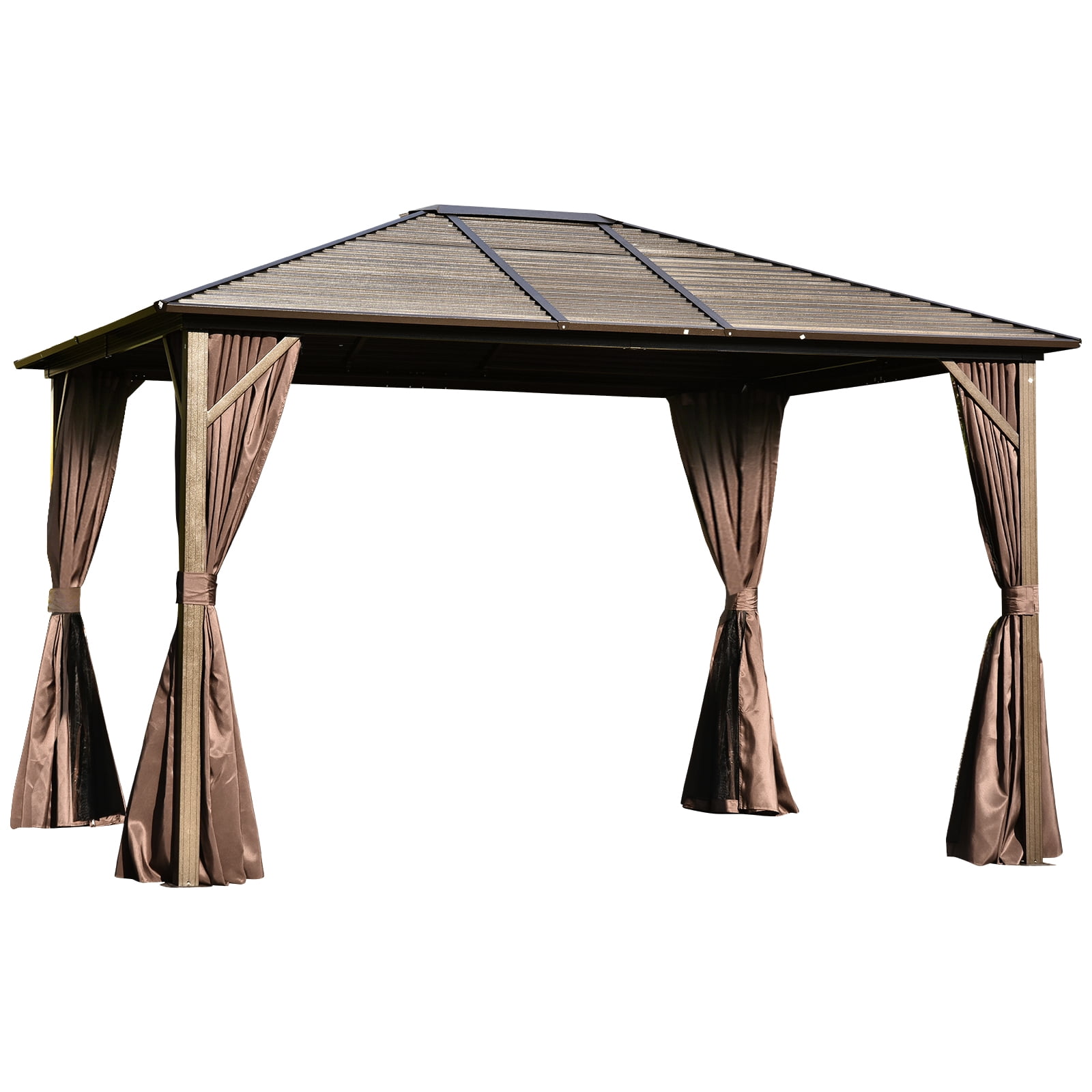 Outsunny 10' x 12' Hardtop Gazebo with Curtains and Netting, Permanent Pavilion Metal Single Roof Gazebo Canopy with Aluminum Frame and Hooks, for Garden, Patio, Backyard, Coffee Brown