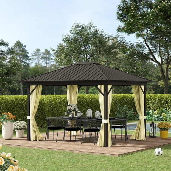 Outsunny 11.9" x 9.8" Hardtop Gazebo with Curtains and Netting, Permanent Pavilion Metal Roof Gazebo Canopy with Aluminum Frame and Top Hook, Cream