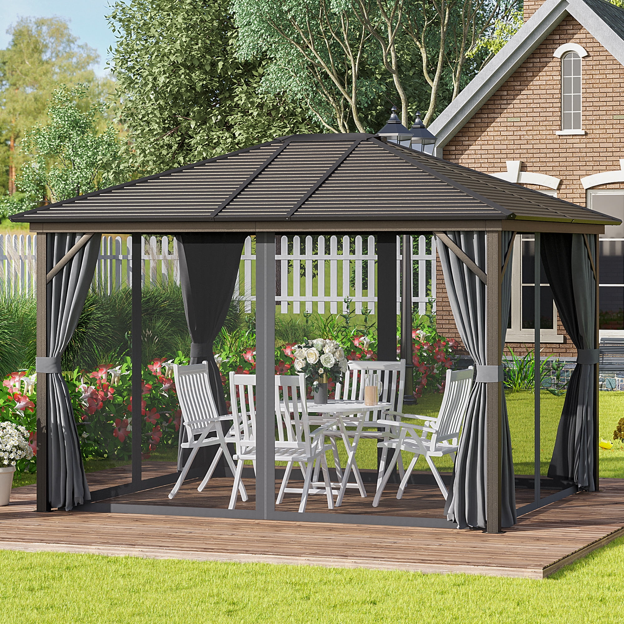 Outsunny 10' x 12' Hardtop Gazebo with Curtains and Netting, Gazebo Canopy with Aluminum Frame and Hooks, Dark Gray