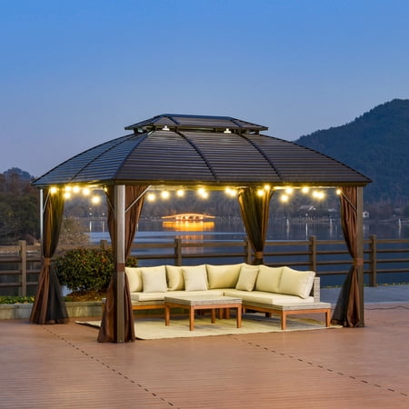 Outsunny 10' x 12' Hardtop Gazebo with Galvanized Steel Rounded Double Roof, Aluminum Frame, Pavilion Gazebo with Netting, Hooks, and Curtains, Brown