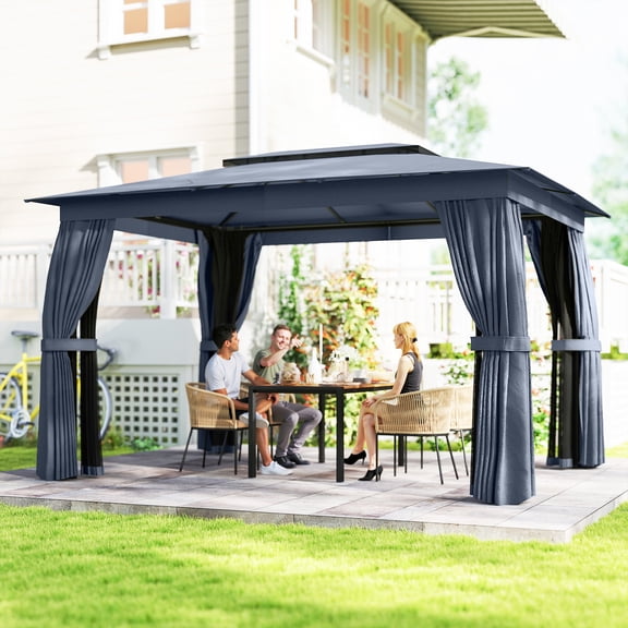 Outsunny 10' x 12' Outdoor Patio Gazebo, Soft Top Gazebo Canopy Shelter with Double Roof, Curtains, Netting, Steel Frame, Ceiling Hooks, Blue