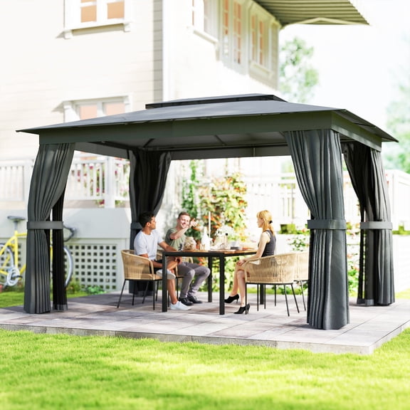 Outsunny 10' x 12' Outdoor Patio Gazebo, Soft Top Gazebo Canopy Shelter with Double Roof, Curtains, Netting, Steel Frame, Ceiling Hooks, Dark Gray