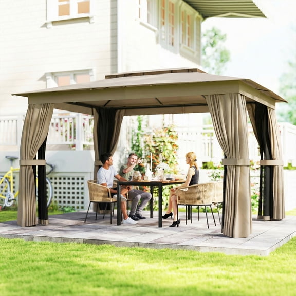 Outsunny 10' x 12' Outdoor Patio Gazebo, Soft Top Gazebo Canopy Shelter with Double Roof, Curtains, Netting, Steel Frame, Ceiling Hooks, Khaki