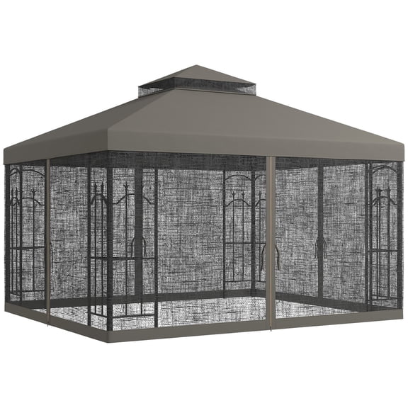 Outsunny 10' x 12' Patio Gazebo with Corner Frame Shelves, Double Roof Outdoor Gazebo Canopy Shelter with Netting, Gray