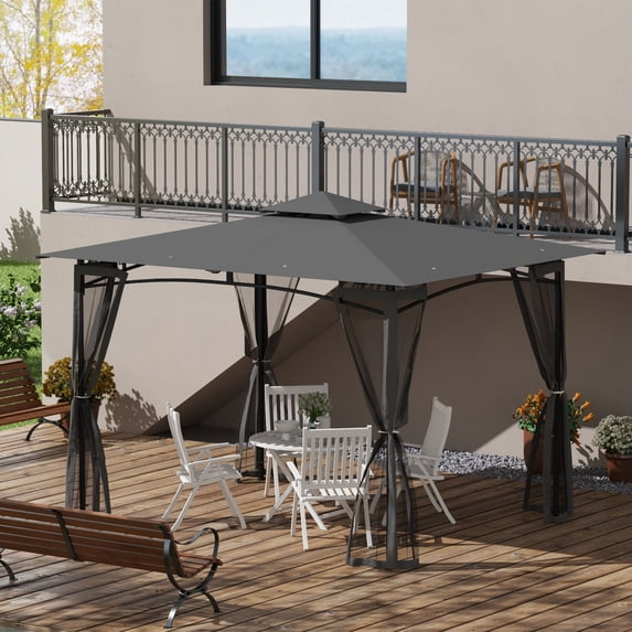 Outsunny 10' x 12' Screened Gazebo, Gray, with 2-Tier Roof & Netting