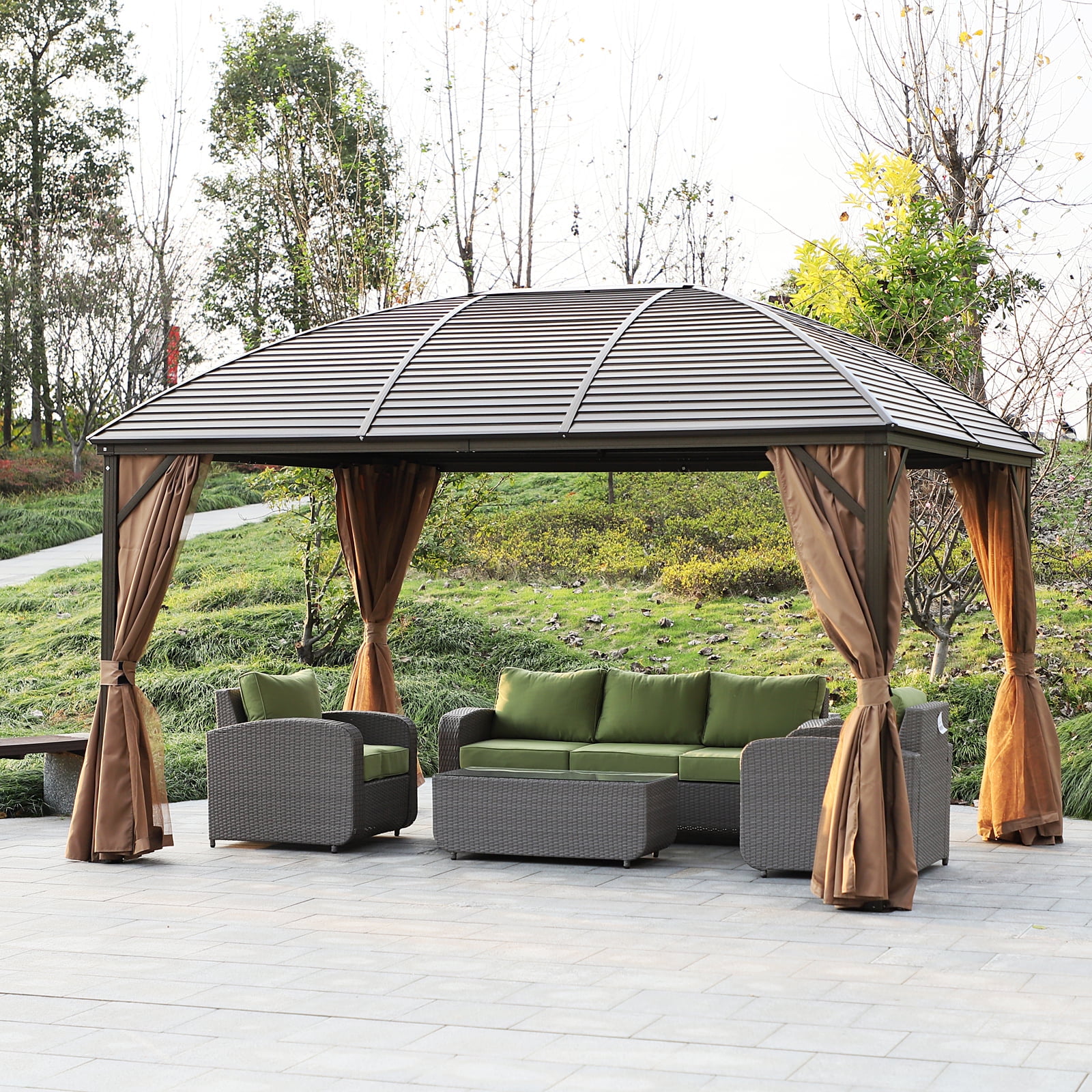 Brown Aluminum and Steel Hardtop Gazebo with Curtains and Netting