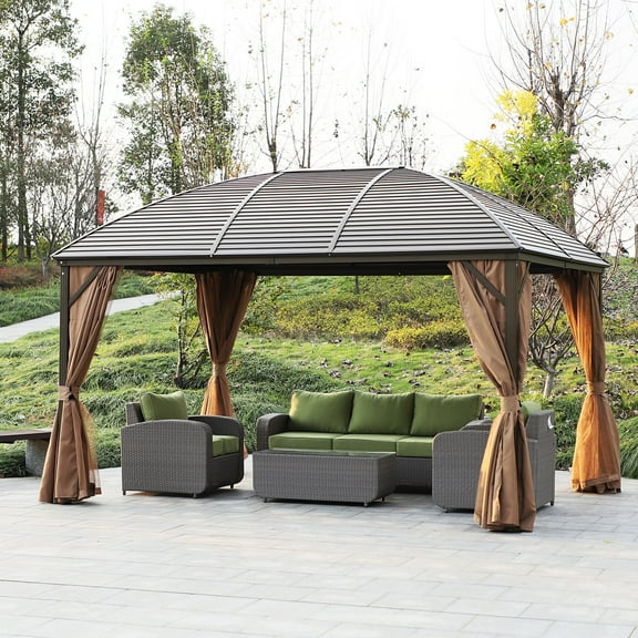Outsunny 10' x 13' Hardtop Gazebo Canopy w/ Steel Roof, Sidewalls, Brown